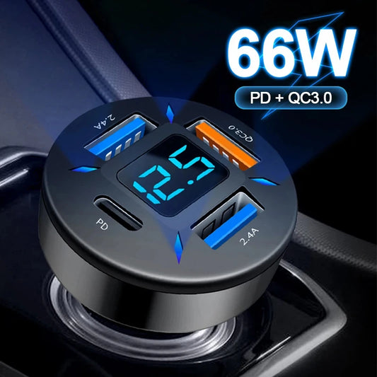USB Car Charger Quick Charge PD QC3.0 With Voltmeter Cigarette Lighter Socket