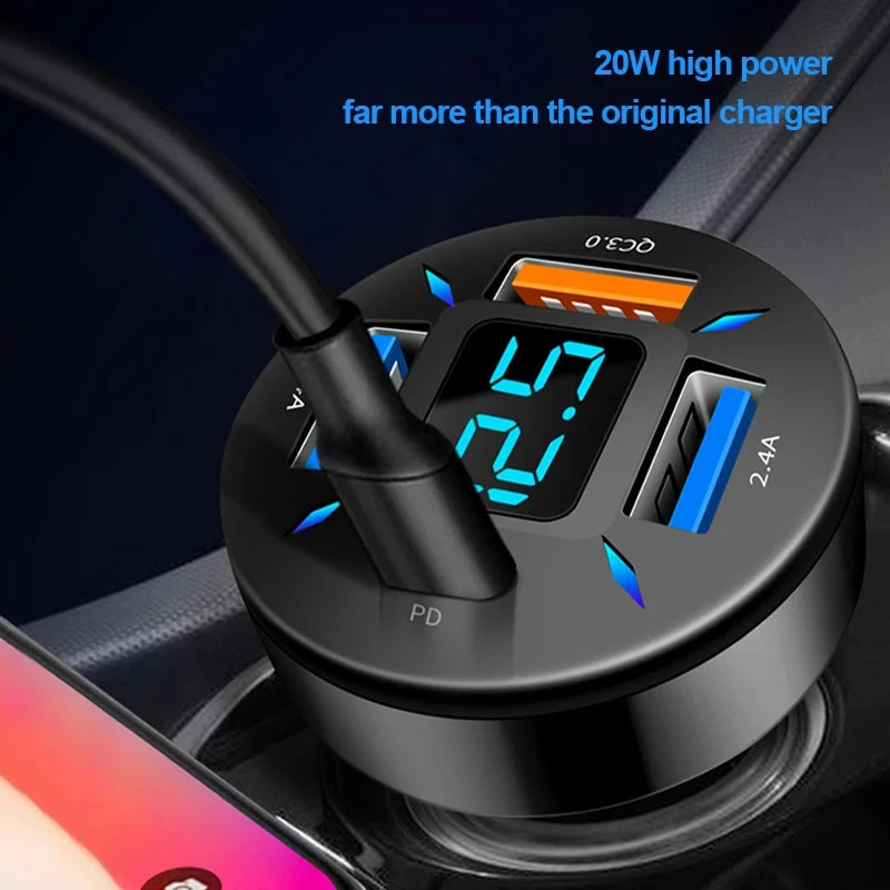 USB Car Charger Quick Charge PD QC3.0 With Voltmeter Cigarette Lighter Socket