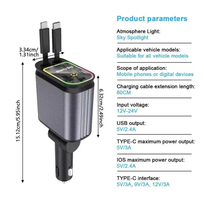 Car Charger With Starry Sky SpotlightRetractable Car Charger With Charging Cable