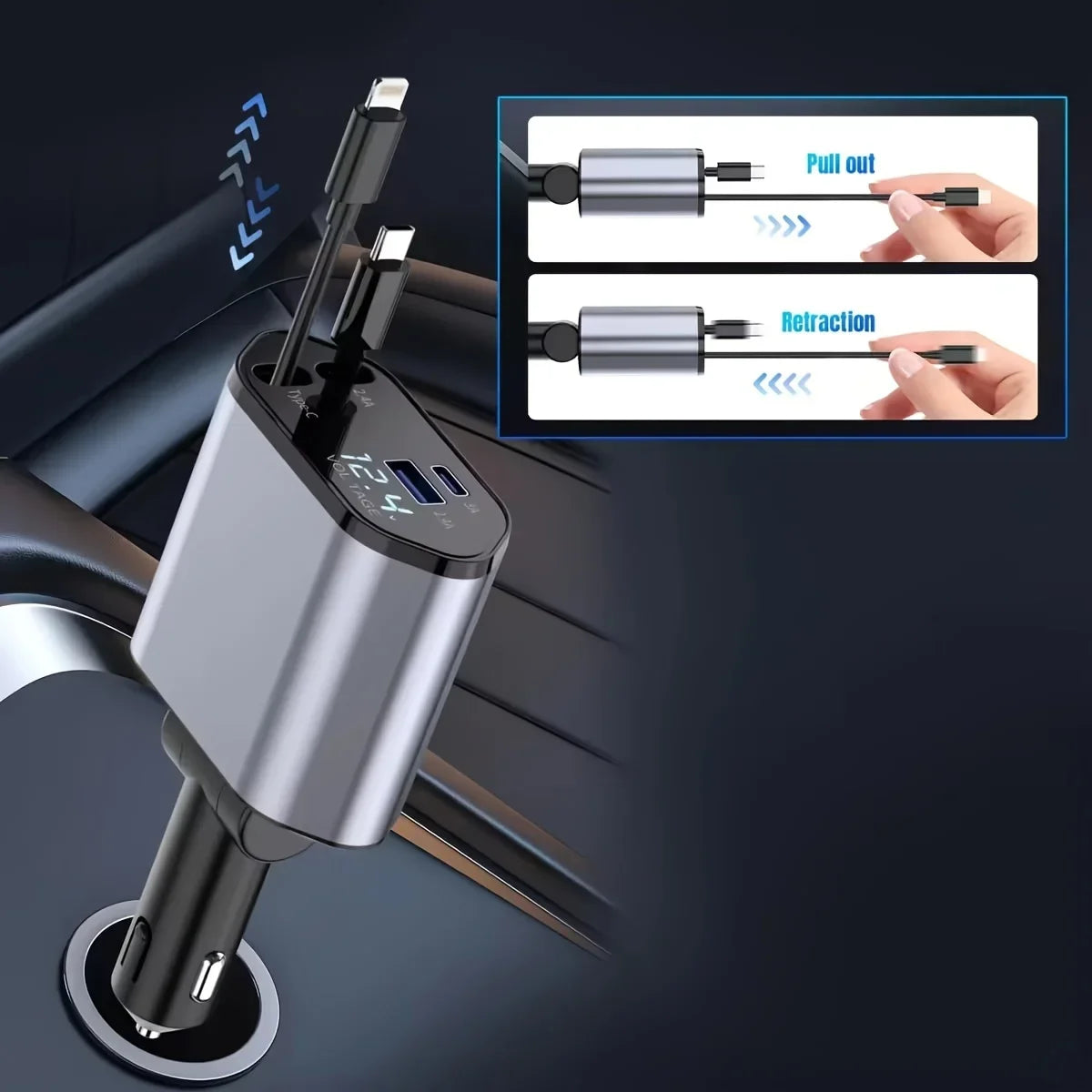 Car Charger Retractable Car Cigarette Lighter Adapter USB Type C Fast