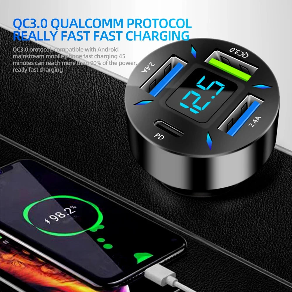 USB Car Charger Quick Charge PD QC3.0 With Voltmeter Cigarette Lighter Socket