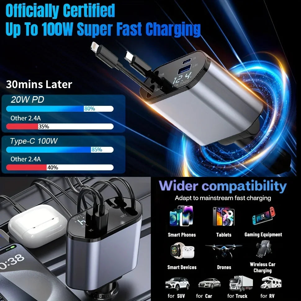 Car Charger Retractable Car Cigarette Lighter Adapter USB Type C Fast