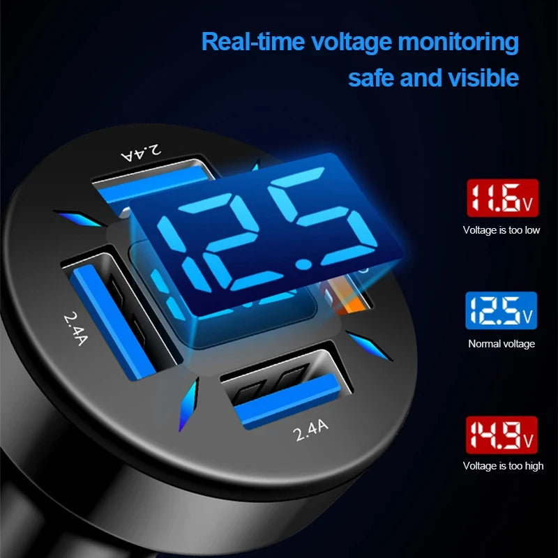 USB Car Charger Quick Charge PD QC3.0 With Voltmeter Cigarette Lighter Socket