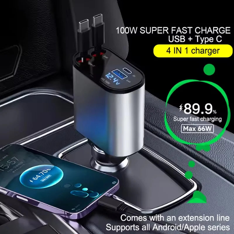 Car Charger Retractable Car Cigarette Lighter Adapter USB Type C Fast