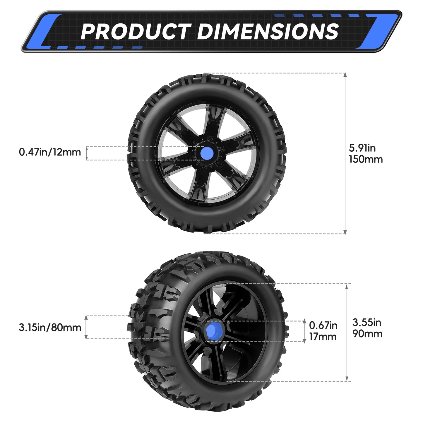 Hobby Park 1/8 Monster Truck Tires & Wheels, Pre-Glued, 17mm Hex Hubs