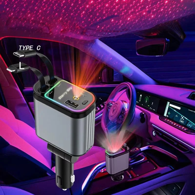 Car Charger With Starry Sky SpotlightRetractable Car Charger With Charging Cable