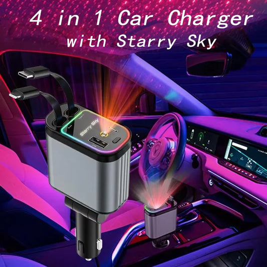 Car Charger With Starry Sky SpotlightRetractable Car Charger With Charging Cable